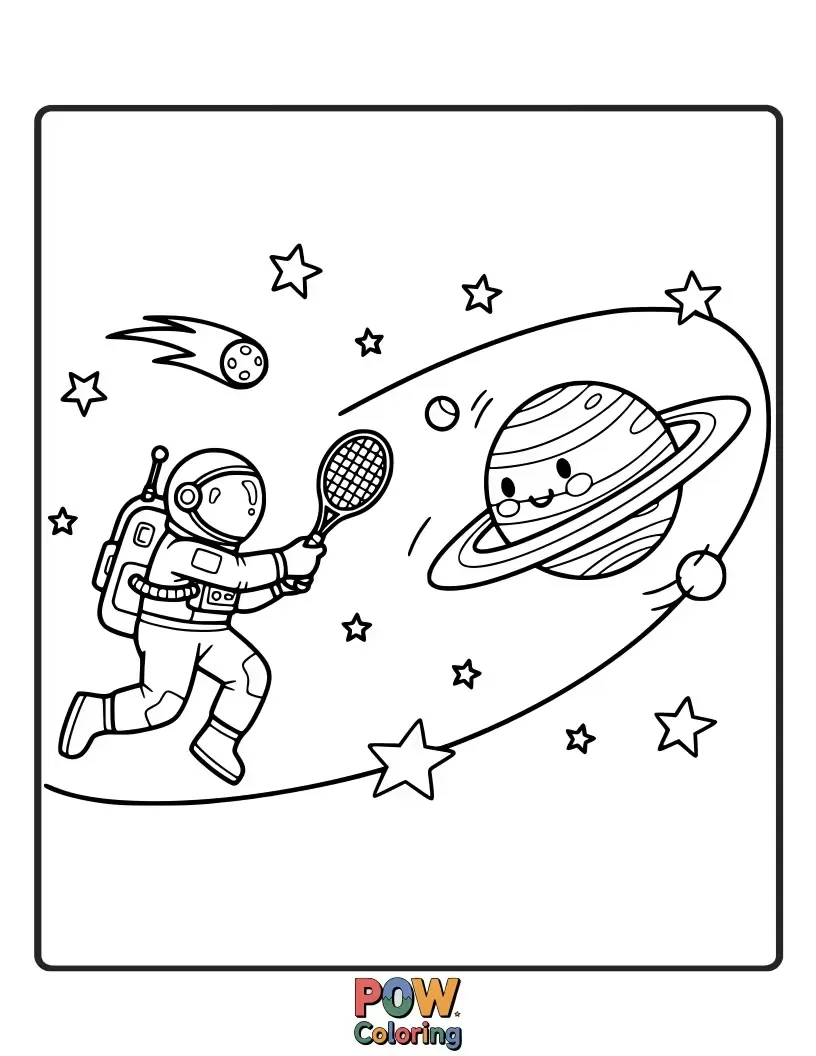 Free coloring page of An astronaut playing tennis in zero gravity, with the Earth visible in the background.