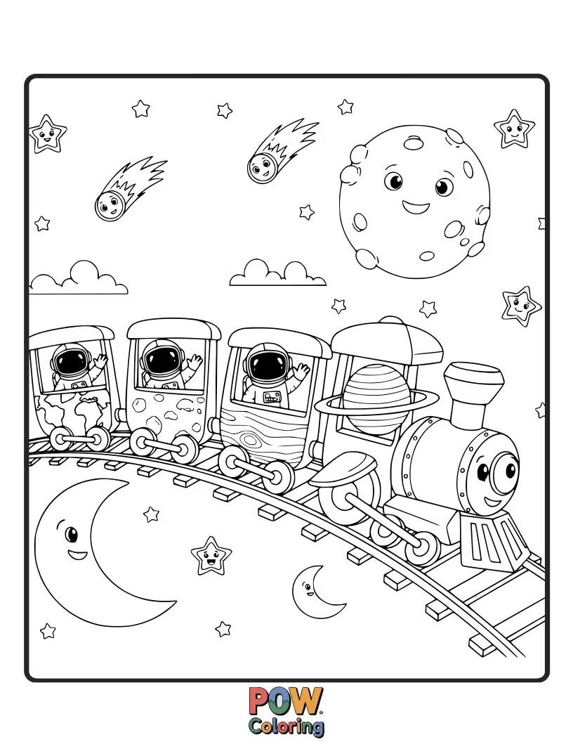 Free coloring page of A rocket-shaped train traveling through space, past planets and stars. Blast off with imaginative cosmic colors.