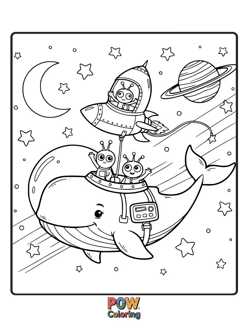 Free coloring page of A curious whale in a space helmet, floating amongst shimmering stars and distant planets on an interstellar journey.