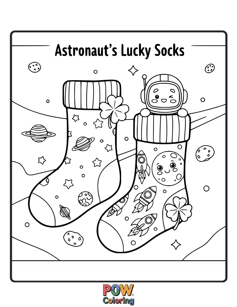 Free coloring page of Blast off into coloring fun with these space-themed socks, featuring planets, stars, and a cheerful astronaut helmet.