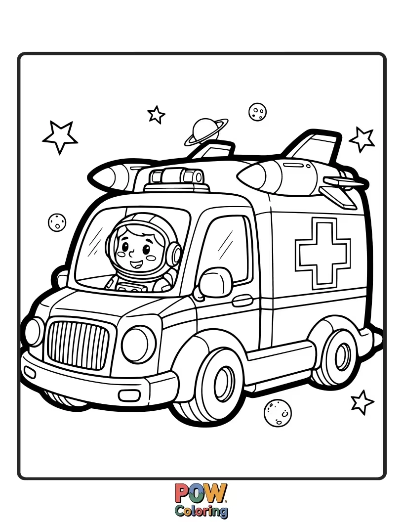 Free coloring page of A sleek, futuristic ambulance ready for space missions, with stars and planets in the background.