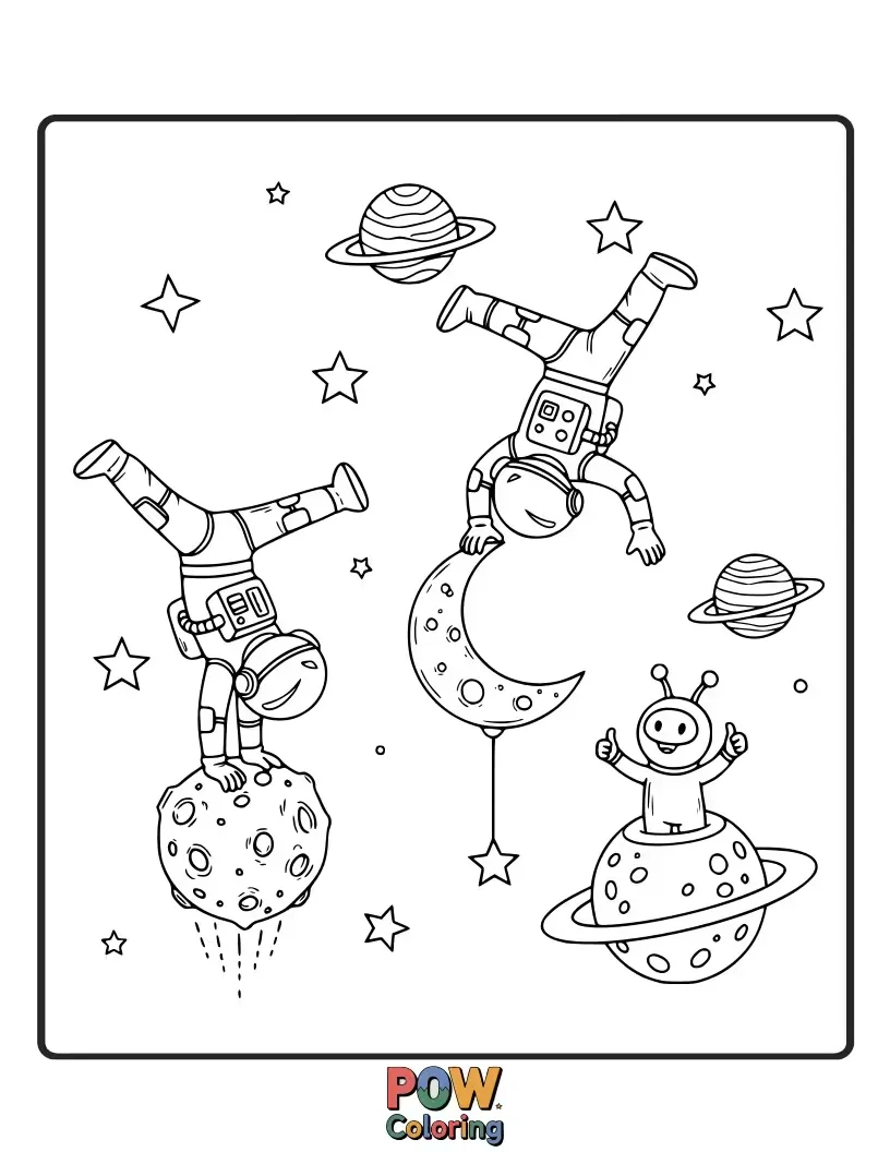 Free coloring page of Astronauts in zero gravity performing flips and tumbles on a space station, surrounded by twinkling stars and planets.