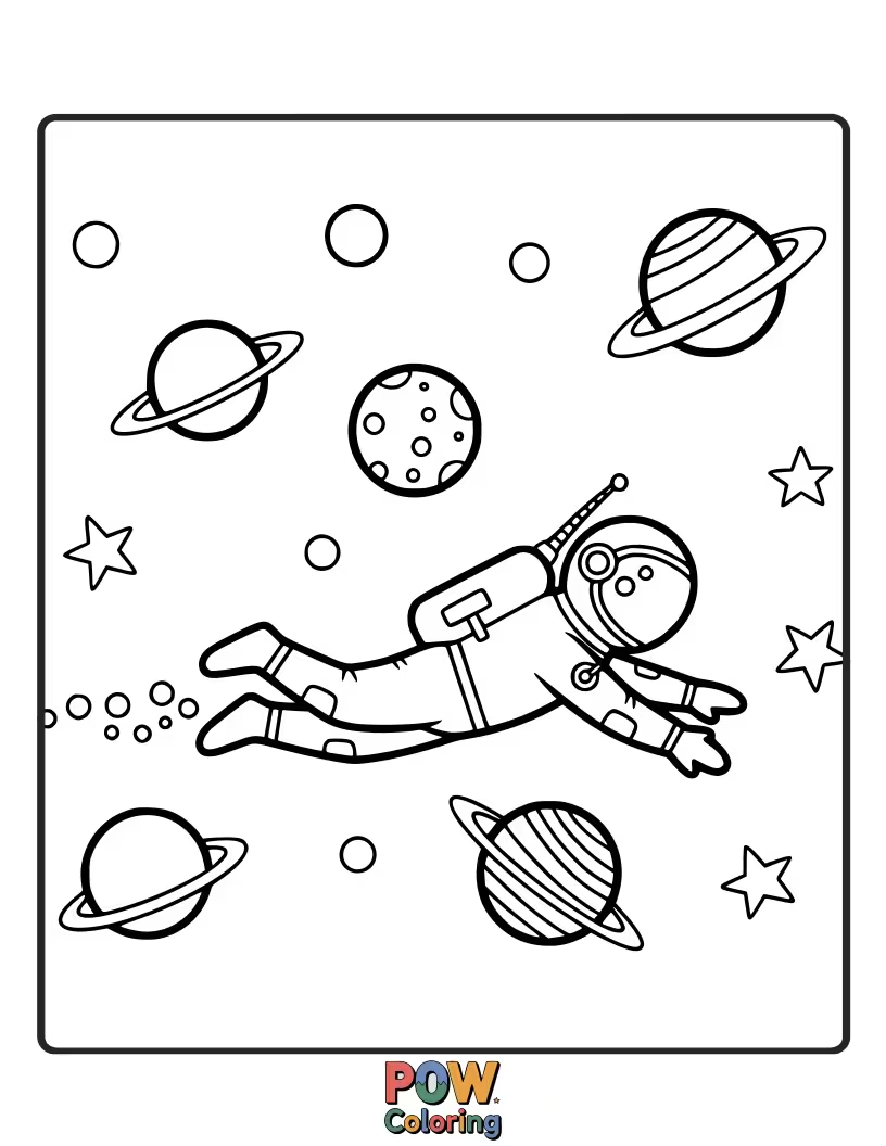 Free coloring page of An astronaut in a spacesuit floats and does somersaults in a pool of stardust, experiencing a cosmic swim.