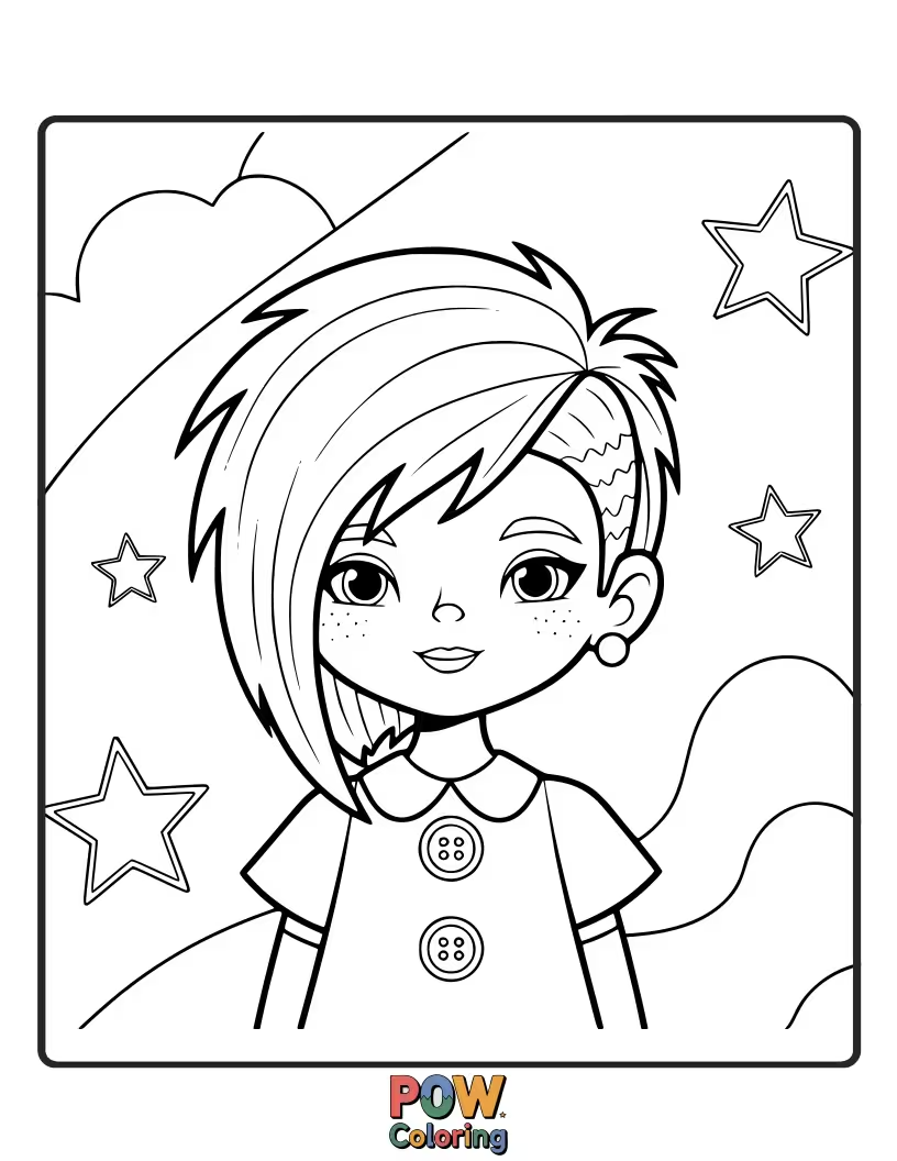 Free coloring page of A modern asymmetrical haircut with a unique and striking silhouette.