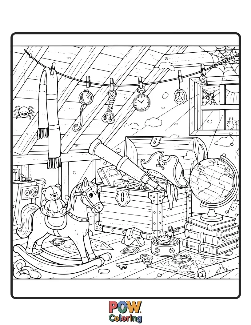 Free coloring page of A dusty attic filled with forgotten treasures like old trunks, a rocking horse, and a spiderweb. Full of mystery!