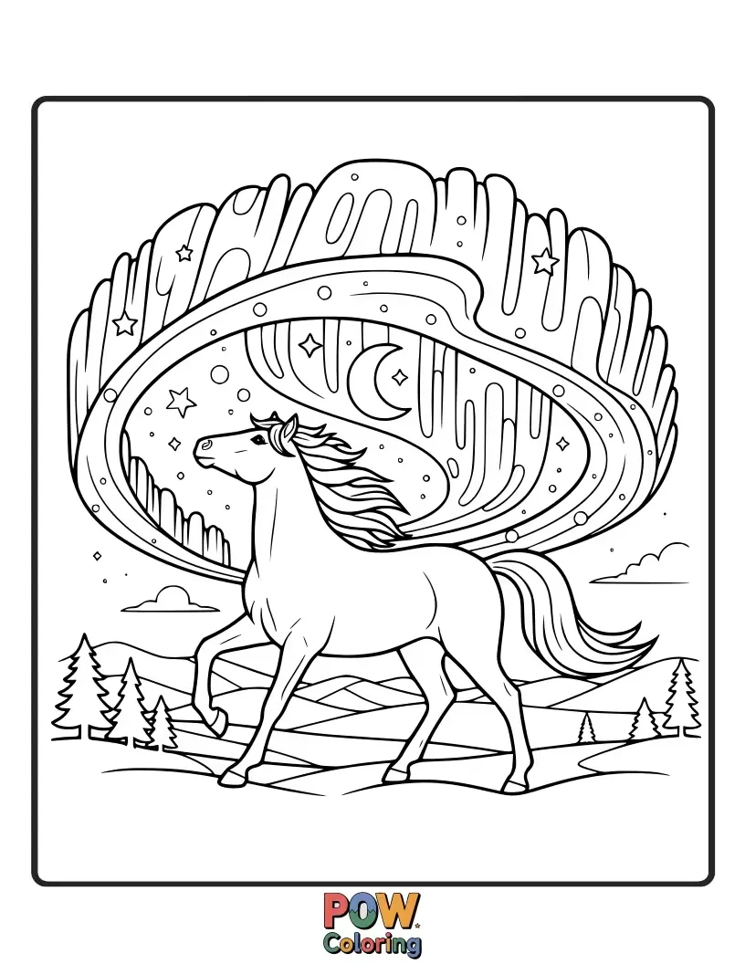 Free coloring page of A horse silhouetted against a vibrant display of the Northern Lights, with swirling colors.