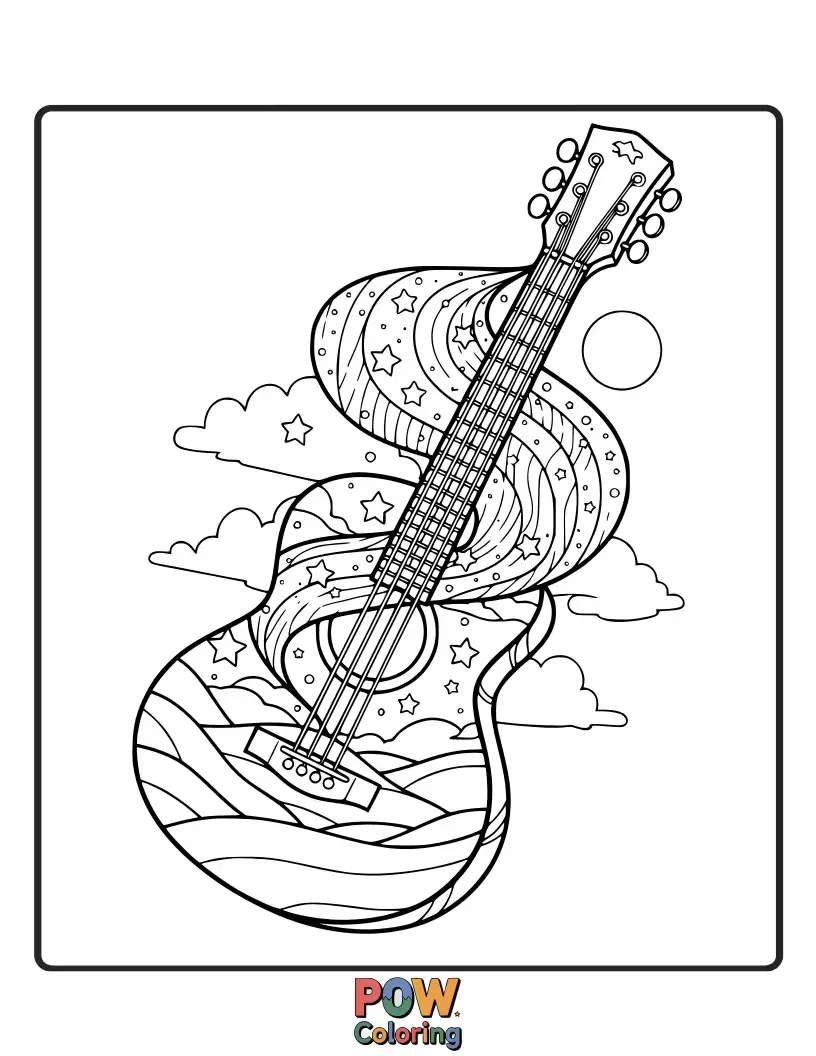 Free coloring page of A guitar with shimmering, flowing colors reminiscent of the Northern Lights.
