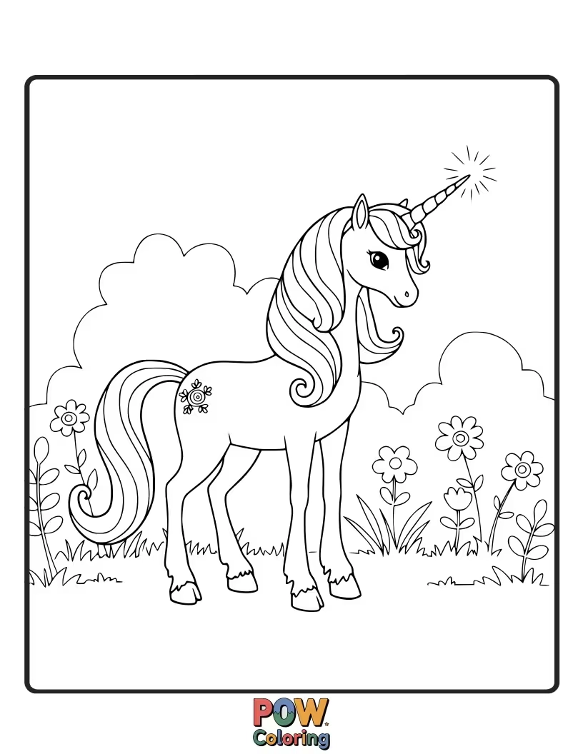 Free coloring page of Unicorn whose coat glows with the ethereal colors of the aurora.