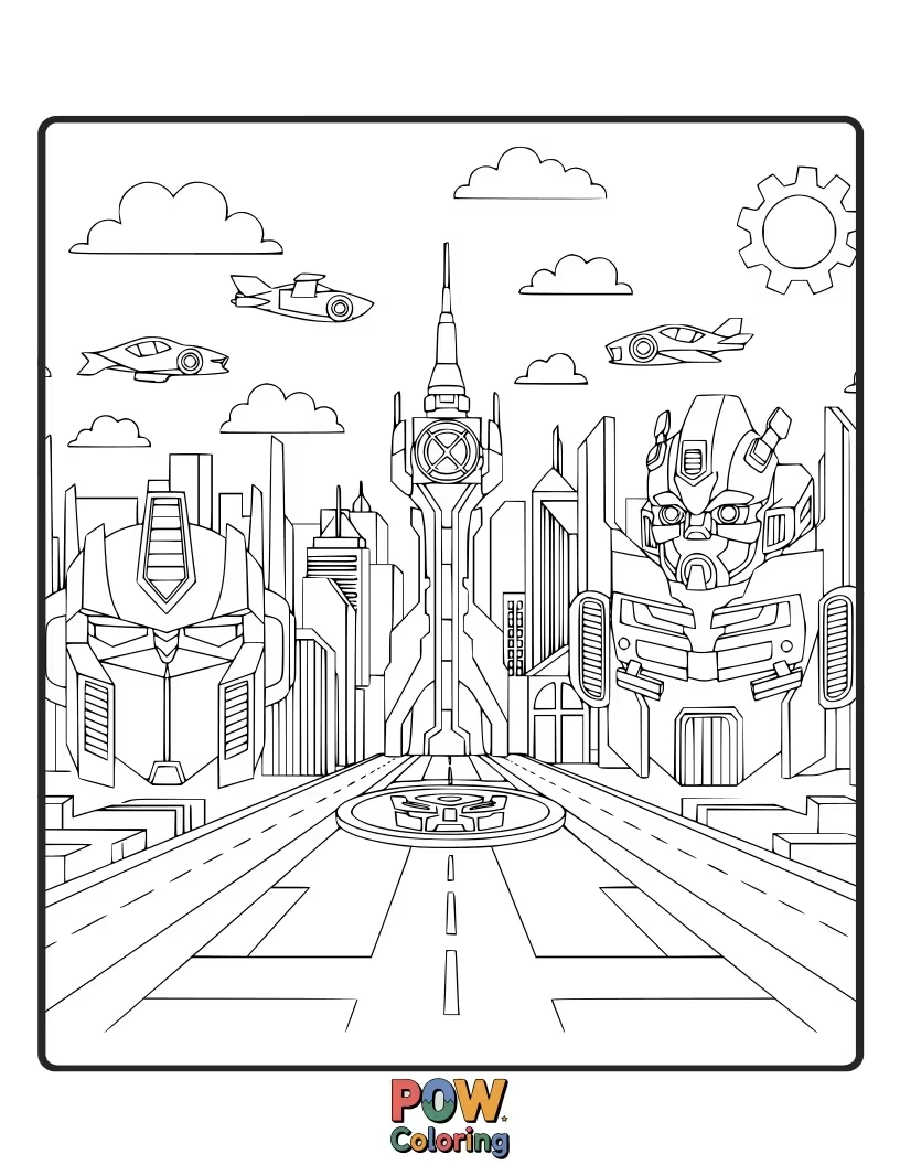 Free coloring page of A cityscape with Autobots patrolling and protecting, creating a vibrant, action-packed scene to color.