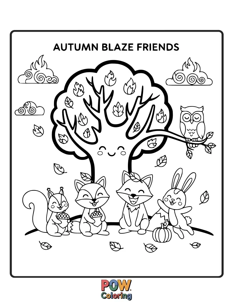 Free coloring page of A deer and a bear sit together watching the vibrant colors of autumn trees. A peaceful scene of nature's beauty.