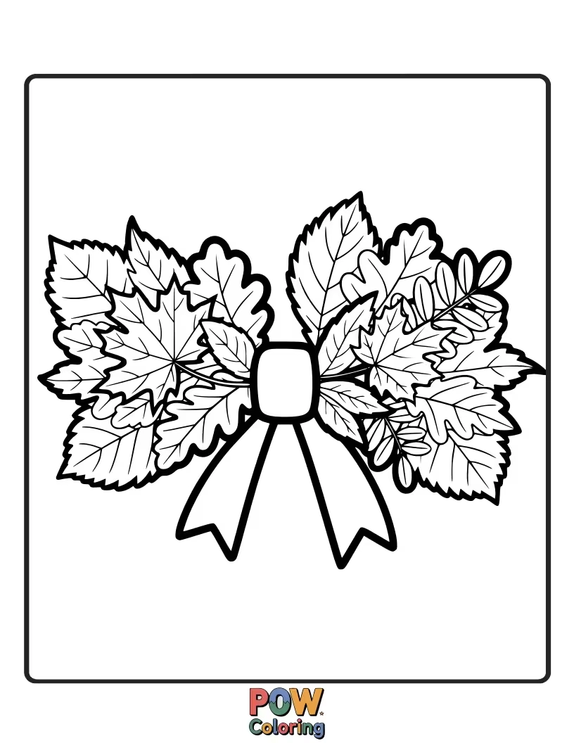 Free coloring page of A cozy bow decorated with colorful fall leaves, pumpkins, and playful squirrels, capturing the essence of the season.