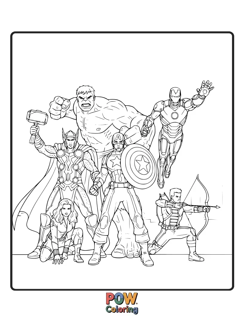 Free coloring page of A classic scene with the Avengers in their iconic poses, outlined against a vibrant backdrop. Perfect for bold colors!