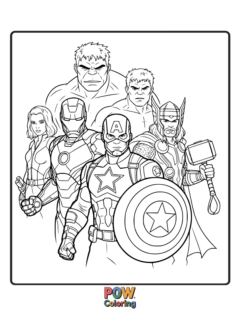 Free coloring page of A classic group shot of many Avengers heroes posing together, ready for a grand adventure.