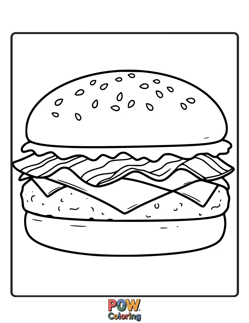 Free coloring page of A smoky delight with tangy BBQ sauce, crispy bacon, and a soft bun. A summertime favorite.