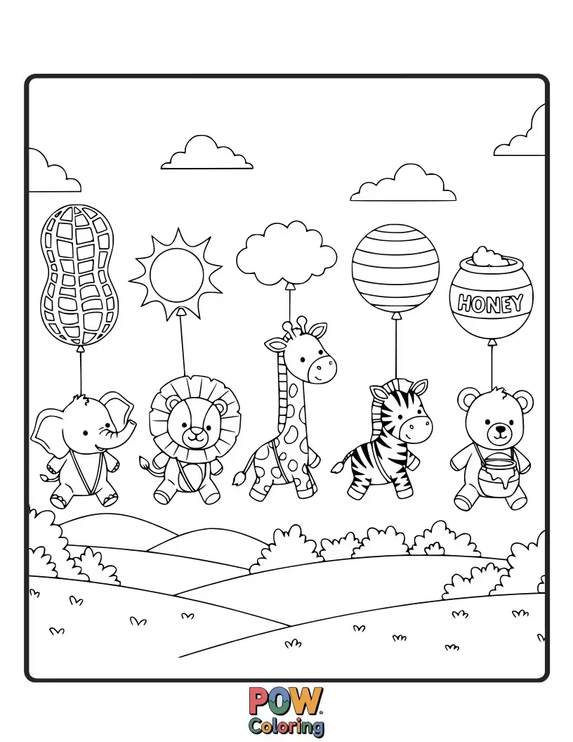 Free coloring page of An adorable parade of baby animals riding in tiny, colorful hot air balloons, waving happily.