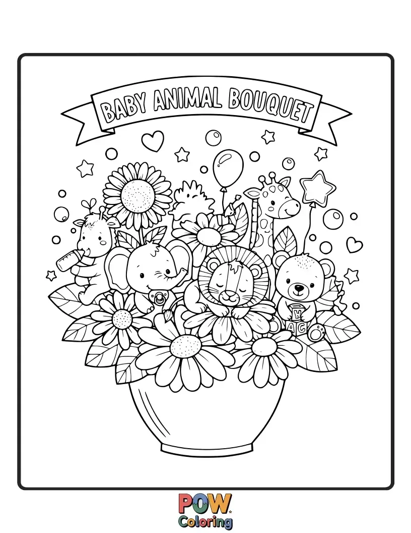 Free coloring page of Sweet and soft, this bouquet features gentle flowers and tiny, sleeping baby animals.