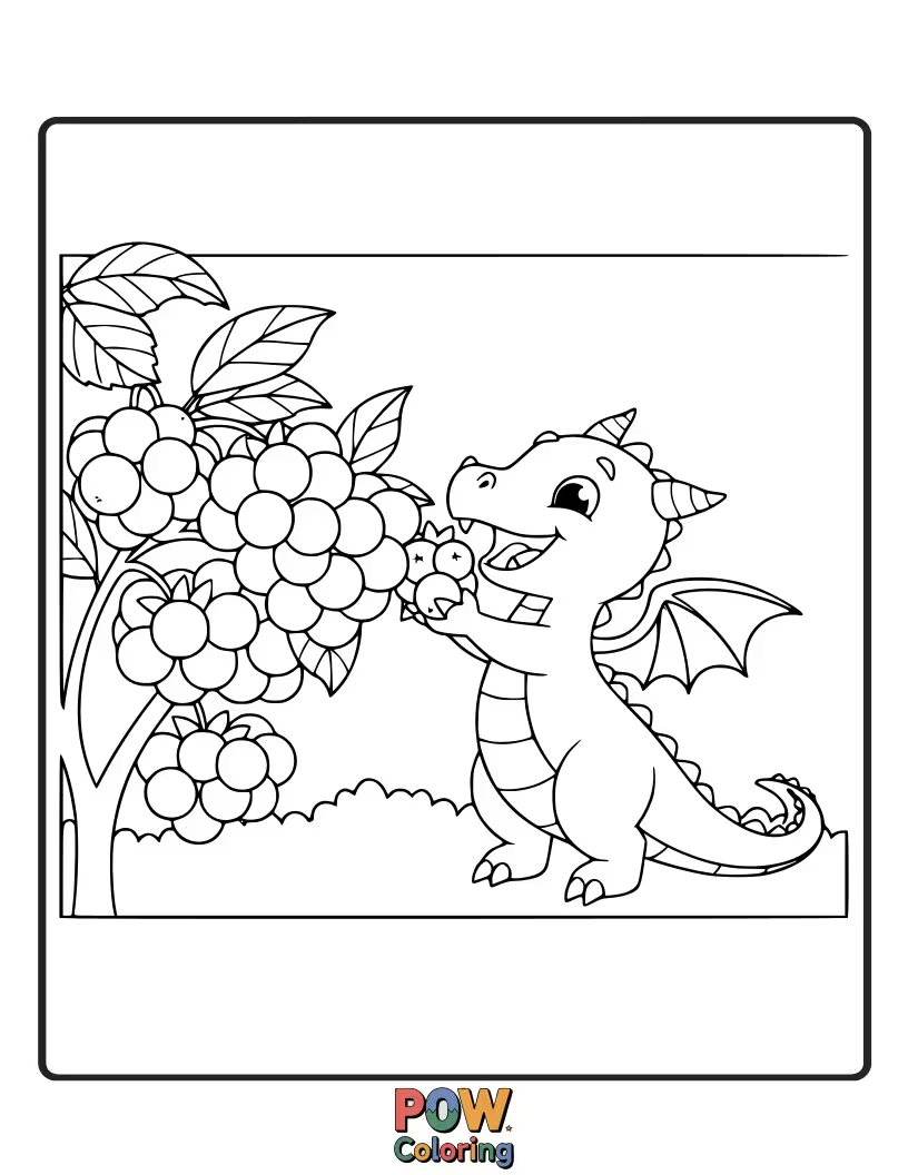 Free coloring page of A happy baby dragon is collecting juicy berries in a tiny basket. A delicious harvest!