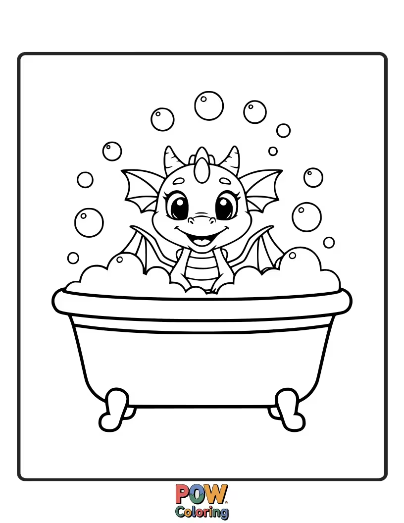 Free coloring page of A giggling baby dragon enjoys a bubbly bath filled with rubber duckies and colorful soap. Splash!