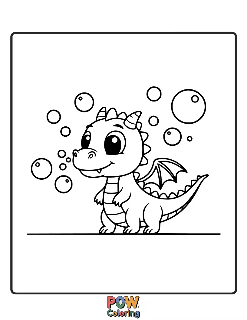 Free coloring page of This little dragon is blowing oversized, rainbow-colored bubbles. Can you color them all before they pop?