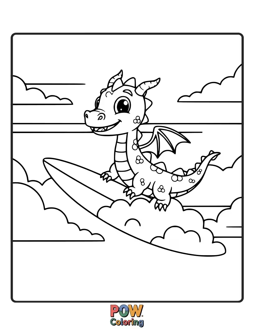 Free coloring page of Riding a fluffy cloud like a surfboard, this baby dragon is soaring through the sky. Awesome!