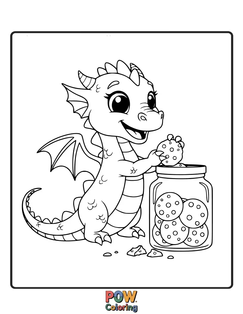 Free coloring page of Uh oh! This mischievous baby dragon is sneaking a giant cookie. A sweet, delicious crime!
