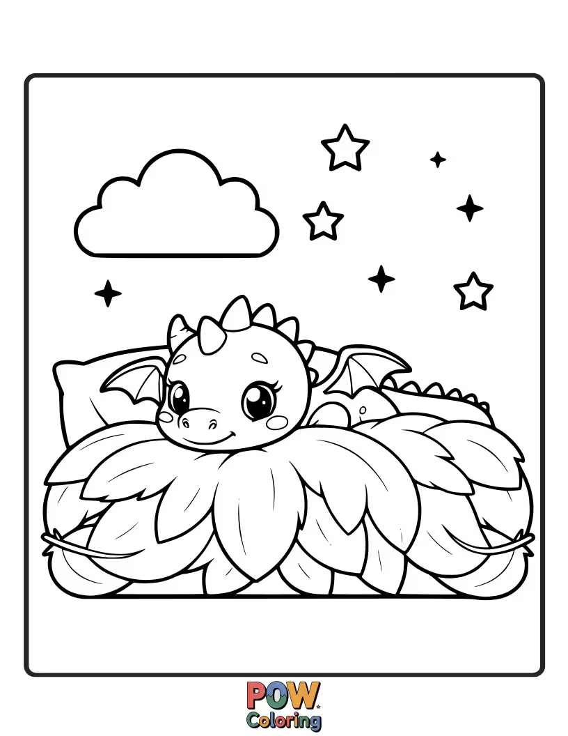 Free coloring page of This pampered dragon is snuggled in a soft, fluffy bed made of giant feathers. Ultimate comfort.