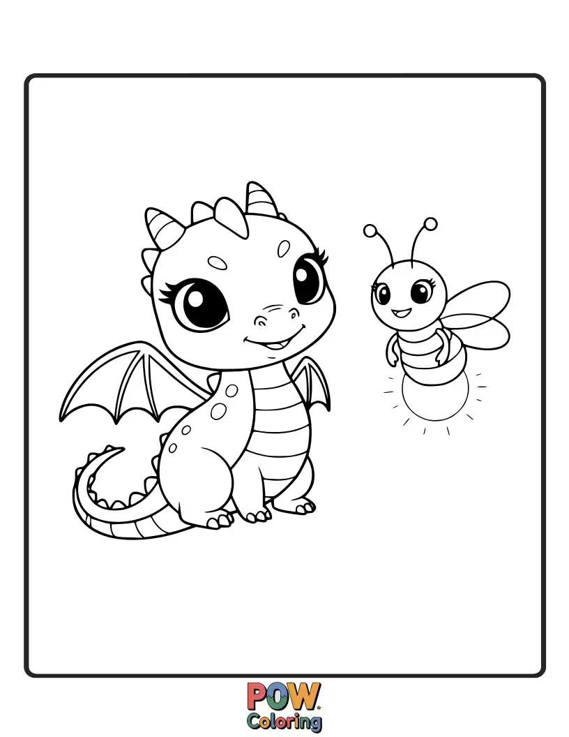 Free coloring page of This friendly dragon is playing with a swarm of glowing fireflies. A magical evening light show.