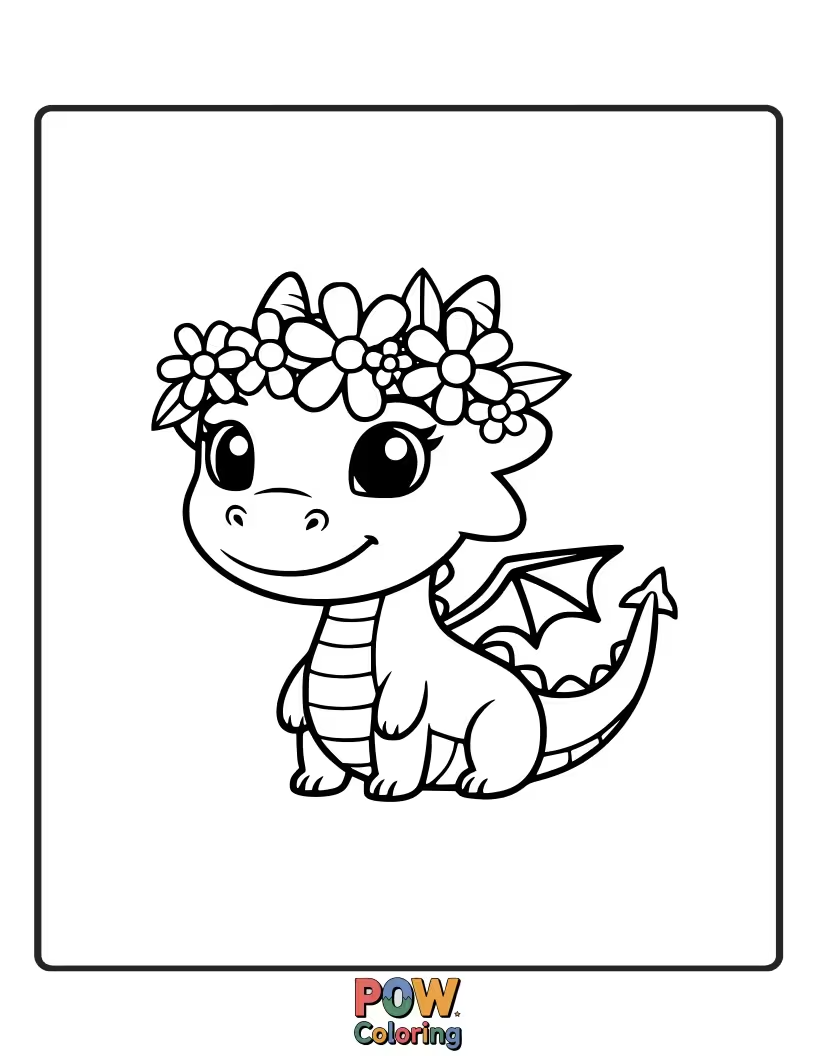 Free coloring page of This sweet dragon is wearing a delicate crown of colorful flowers. Nature's little prince or princess!