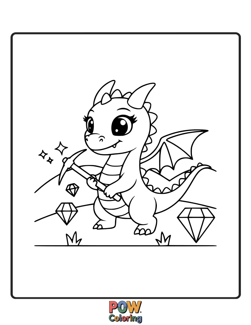 Free coloring page of A curious baby dragon is digging for shiny gems with its tiny claws. What treasures will it find?