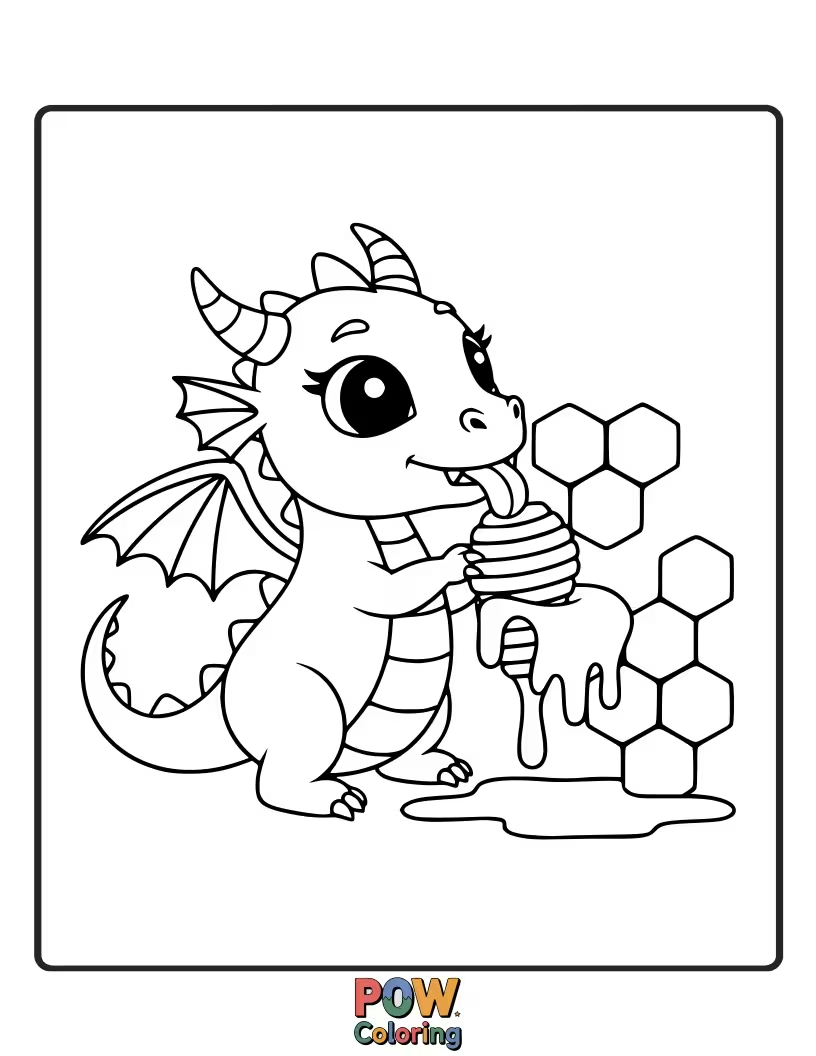 Free coloring page of This happy dragon is enjoying a sticky, delicious feast of dripping honey. So sweet!