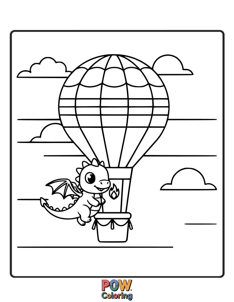 Free coloring page of A curious baby dragon peeks out from a colorful hot air balloon, ready for adventure. Up, up, away!