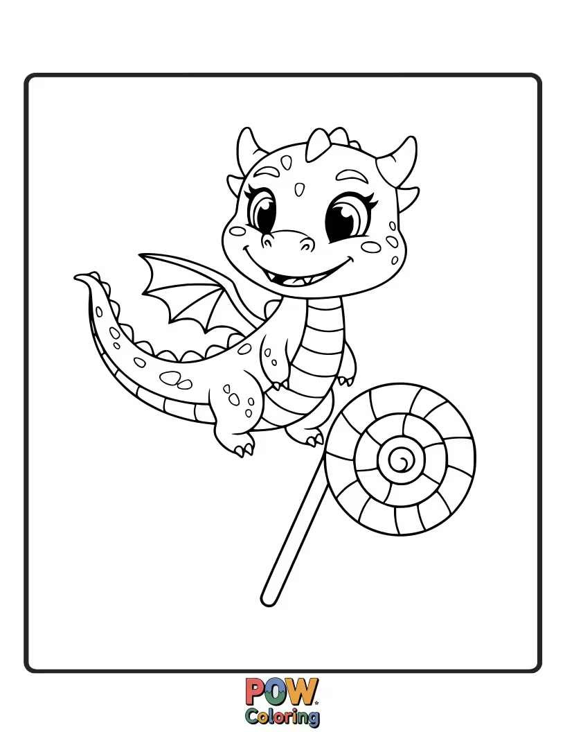 Free coloring page of This daring dragon is riding a giant, swirling lollipop like a carousel. Sweetest ride ever!