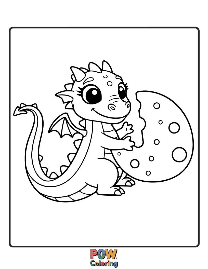 Free coloring page of A funny baby dragon nibbles on a slice of the moon, believing it's made of cheese!