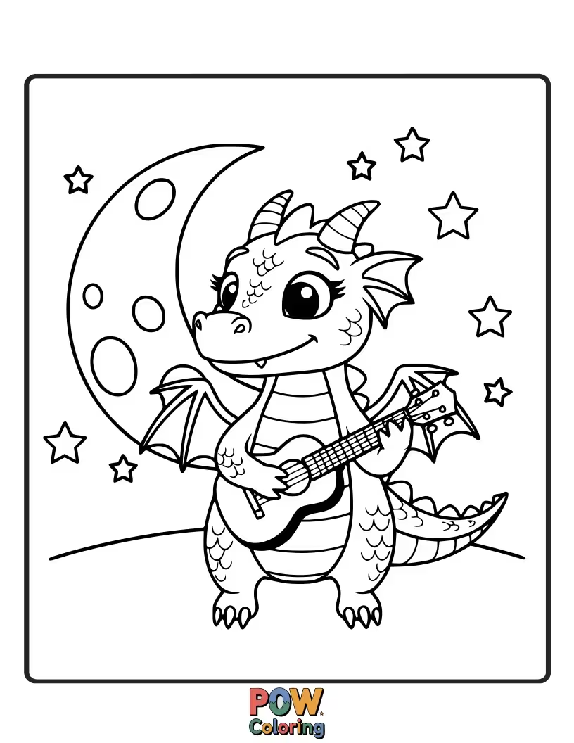 Free coloring page of A musical baby dragon plays a tiny flute under a crescent moon. Serenade the night!