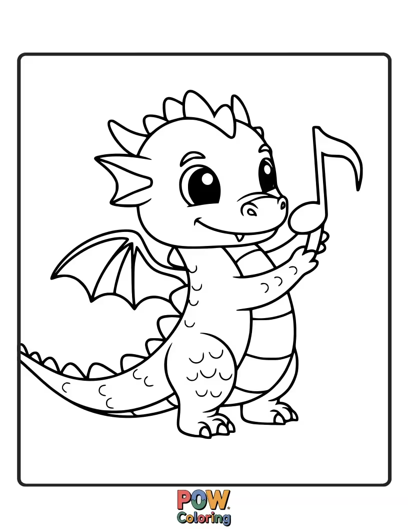 Free coloring page of This musical baby dragon is balancing on a giant, floating music note. A melody in the making.