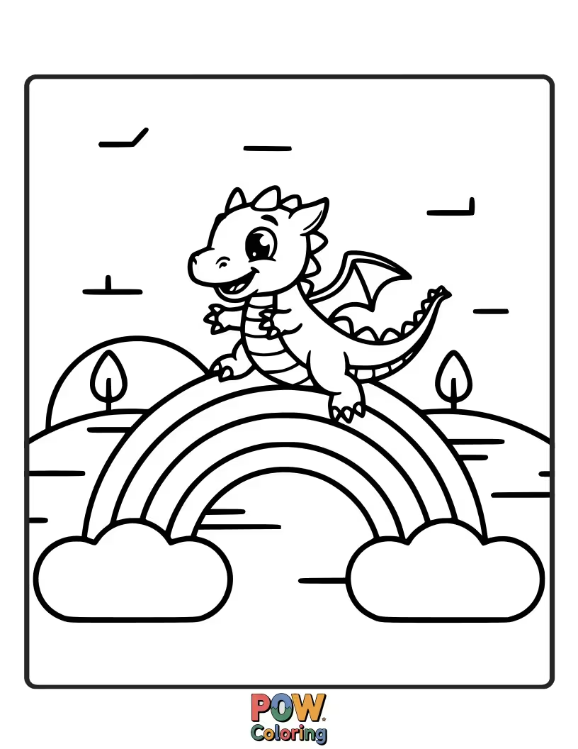 Free coloring page of A joyful baby dragon is sliding down a vibrant rainbow. Whee! The sky is its playground.