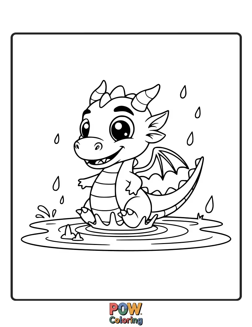 Free coloring page of A cute dragon peeks out from under a giant mushroom, watching colorful raindrops fall. Cozy indoors.