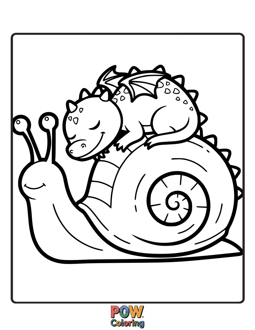 Free coloring page of This sleepy dragon is resting on the back of a gentle, slow-moving snail. A cozy nap!