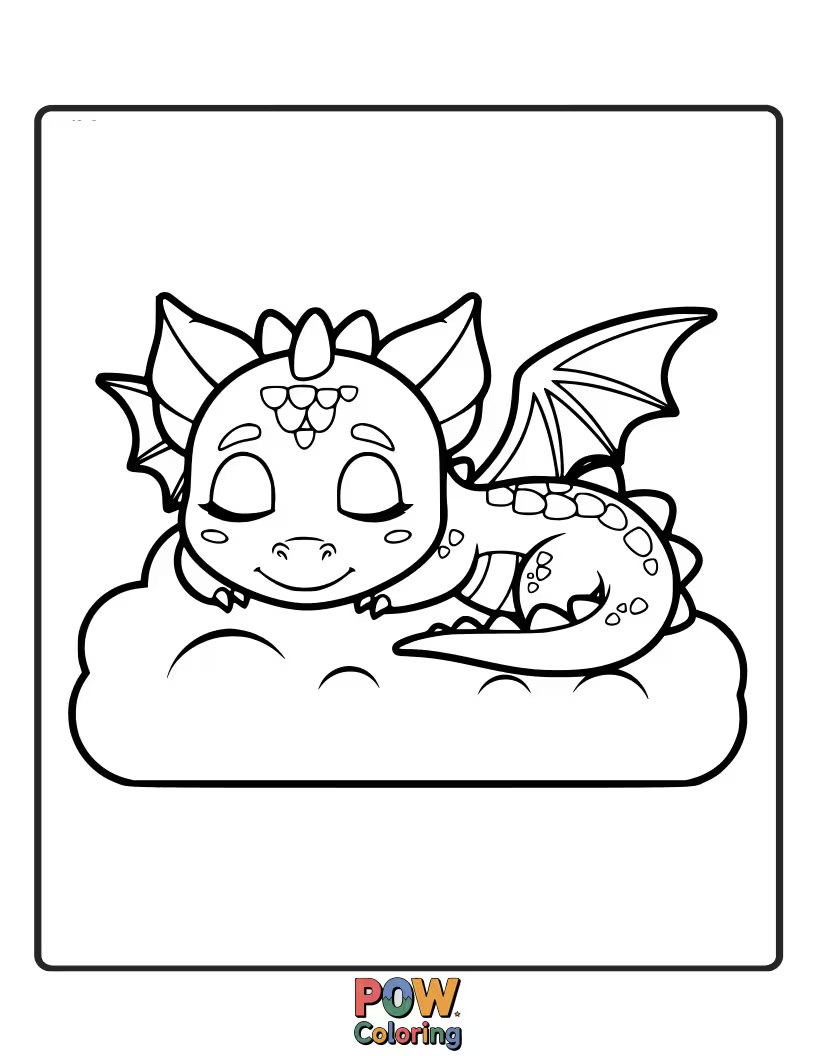 Free coloring page of A tiny dragon is fast asleep, curled up with a fluffy cloud. Sweet dreams of endless meadows!