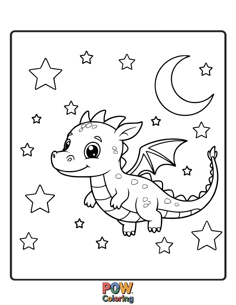 Free coloring page of A tiny dragon gazes up at the twinkling night sky, dreaming of constellations and shooting stars.