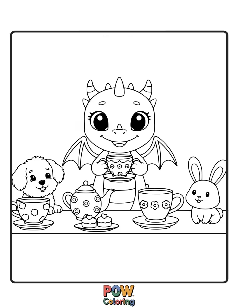 Free coloring page of This adorable dragon is hosting a whimsical tea party with tiny teacups and a magical cake.