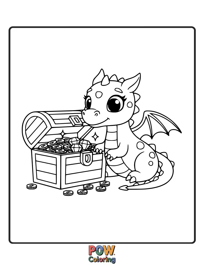 Free coloring page of A brave baby dragon has discovered a chest overflowing with sparkling gold and jewels. Rich!