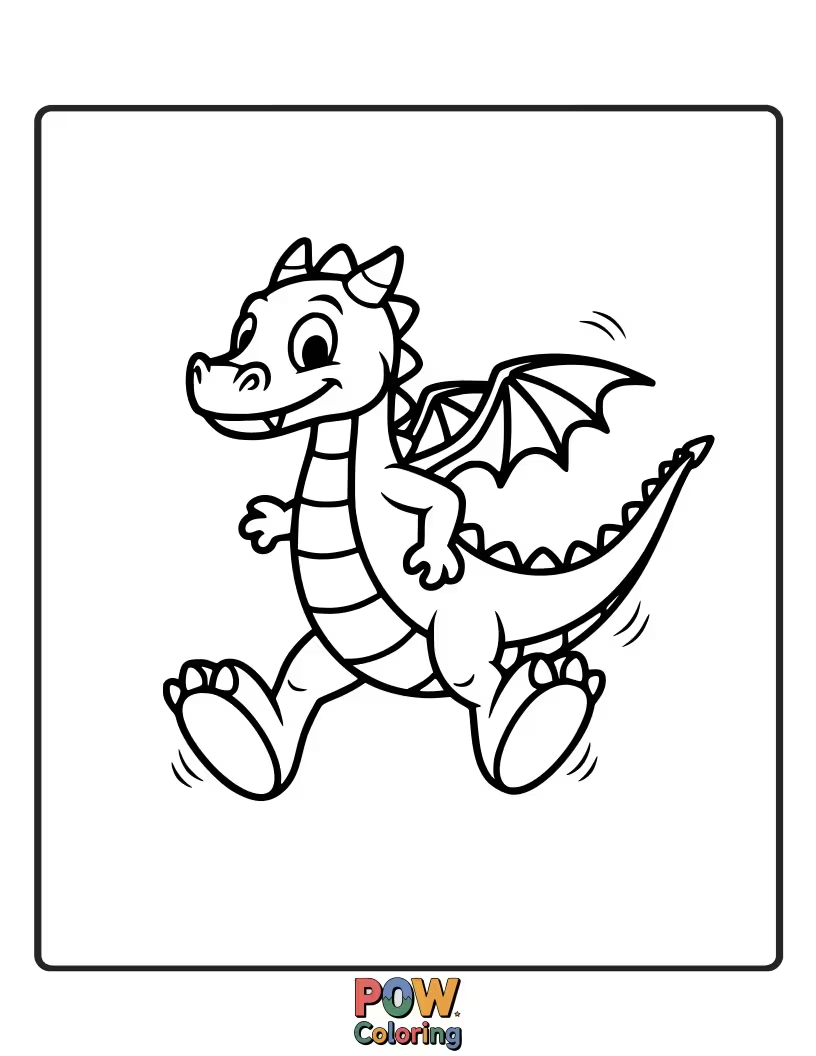 Free coloring page of This adorable baby dragon is taking its first wobbly steps, full of determination and charm.