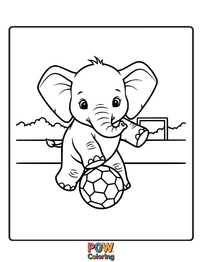 Free coloring page of A clumsy baby elephant playfully nudging a football with its trunk. Adorable and full of endearing charm.