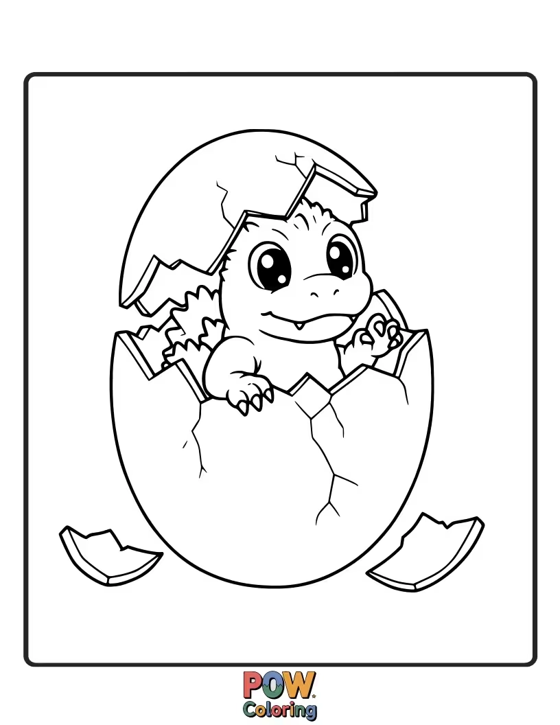 Free coloring page of A young, adorable Godzilla hatching from an egg, ready to explore the world. Cute and friendly.