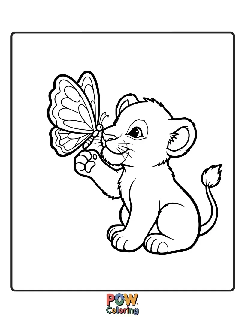 Free coloring page of A gentle cub lets a beautiful butterfly rest on its nose. Delicate interaction and friendship.