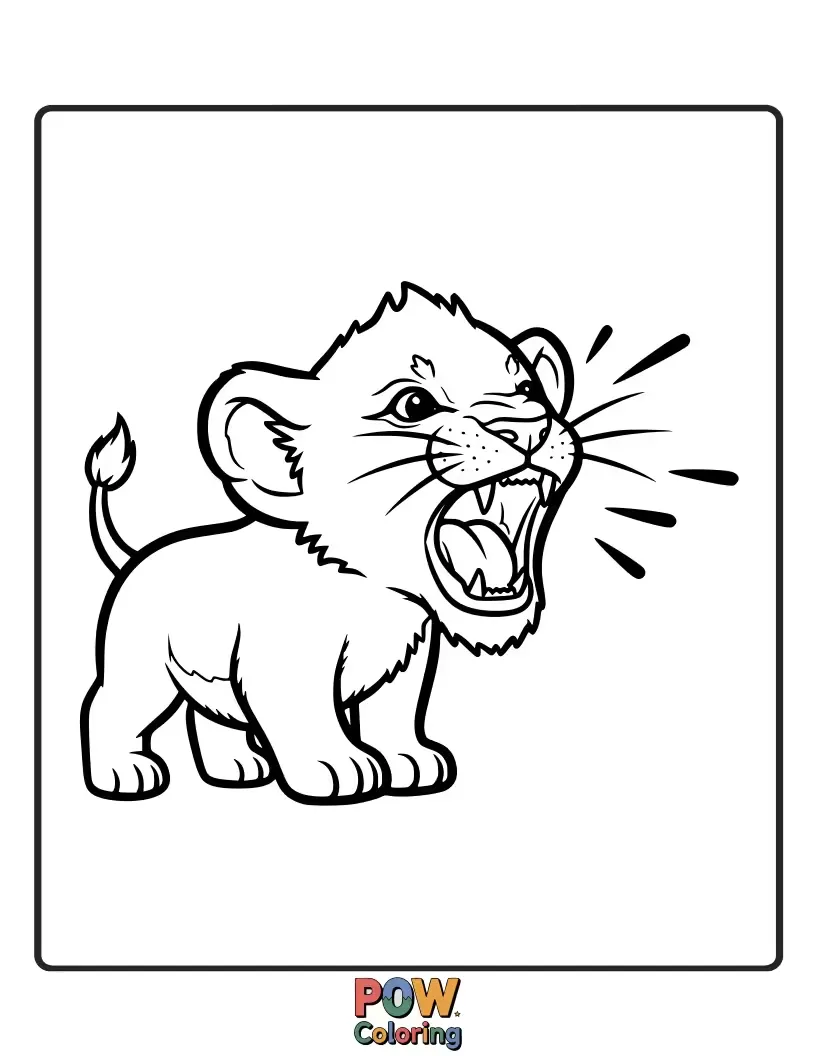 Free coloring page of A tiny cub stands tall, letting out a brave, albeit small, roar. Inspiring and cute.