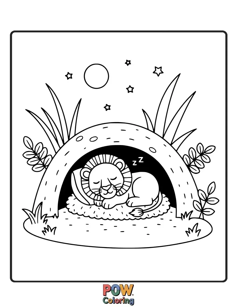 Free coloring page of A tiny cub snuggled deep within a warm, cozy burrow. Peaceful and safe.