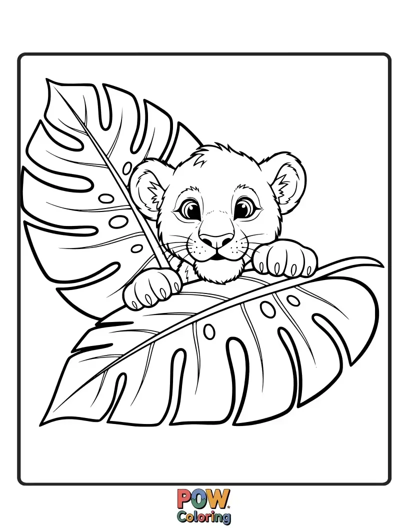 Free coloring page of A curious cub peeks out from behind a large, leafy jungle plant. Intriguing and full of wonder.