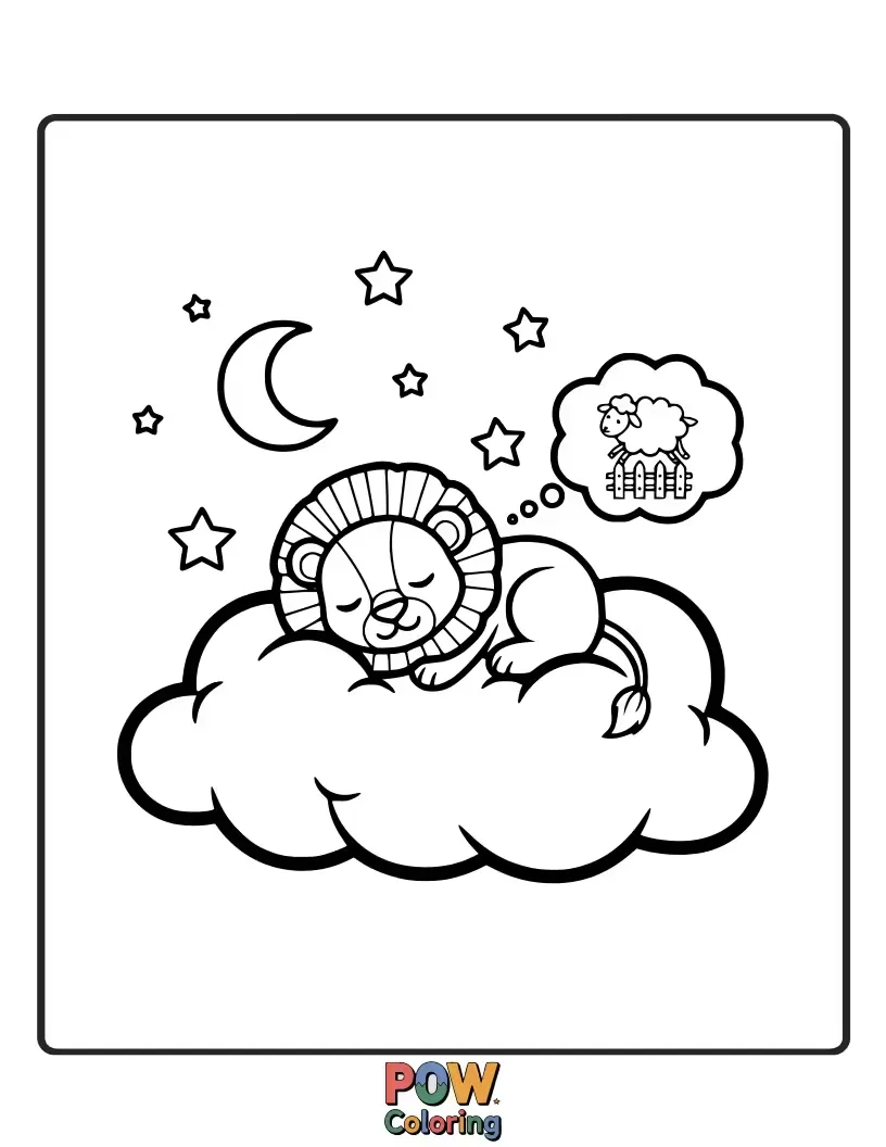 Free coloring page of A fluffy cub dreams of juicy prey while snoozing amongst soft clouds. Peaceful and adorable!